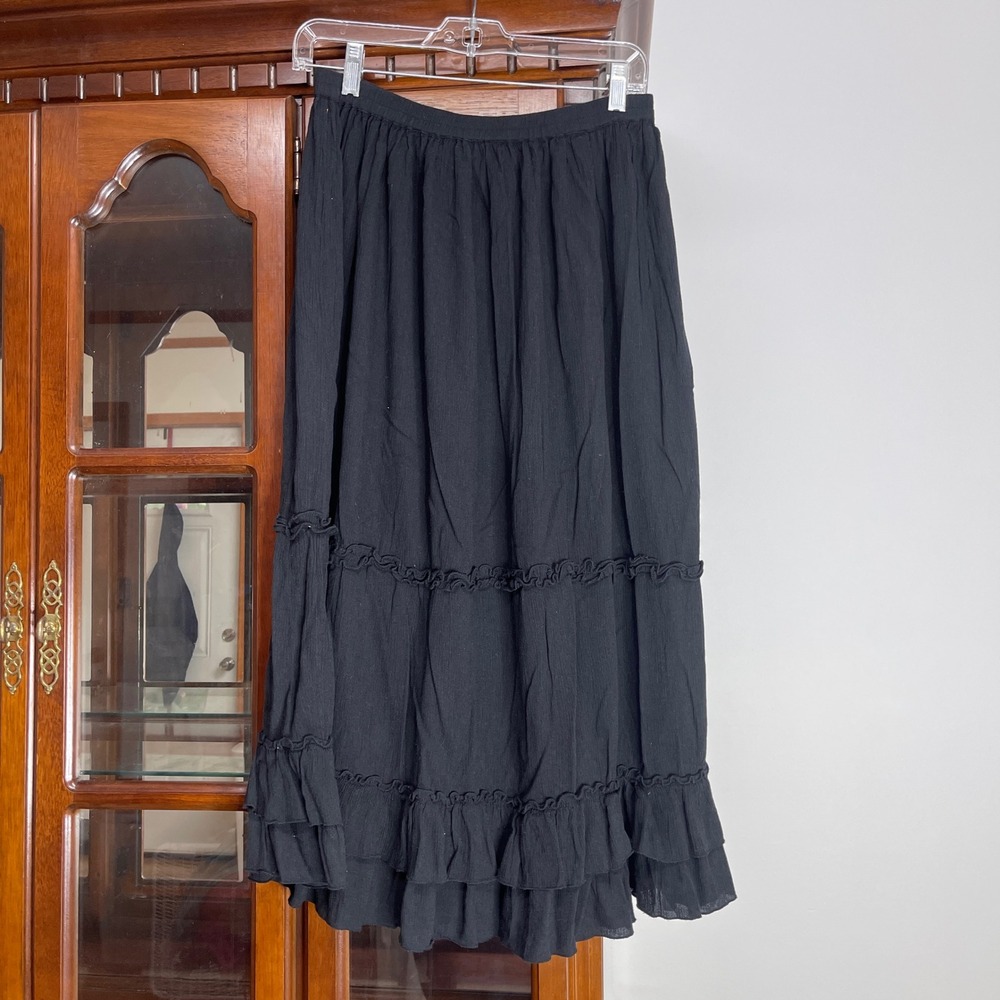 White Stag Petite Black Tiered Maxi Skirt Cotton Blend Boho Ruffle Small 4/6